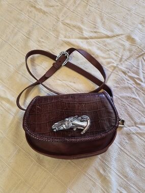 Vintage Brighton Brown Croc-Texture Leather Crossbody Bag with Horse Head Accent